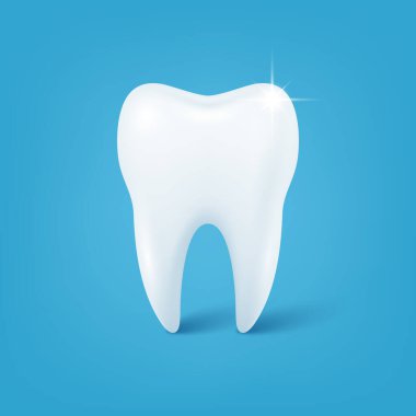 Mavi Arkaplanda Vektör Gerçekçi Beyaz Diş. 3d Diş Sağlığı Merkezi, Diş Sağlığı Kliniği, Ağız Temizliği, Diş Beyazlatma veya Stomatoloji Posteri Şablonu.