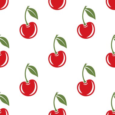 Kesik Kirazlı Vektör Kusursuz Desen. Tek, bir çift kiraz ve yapraklı kiraz kümesi, tekrarlanan yazdırma. Kiraz Sanatı, Tasarım Şablonu, Vektör İllüstrasyonu.
