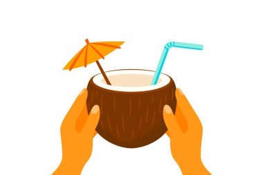 Saman ve Şemsiyeli Hindistan cevizi içeceği. Plaj Kokteyli, Hindistan cevizi Suyu, Egzotik Meyve Suyu, Ada İçeceği, Tatil Simgesi, Yaz Partisi, Seyahat Zirvesi, İçki Tasarımı için Tropik Yaz Vektörü.