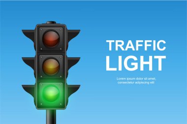 Mavi Gökyüzü Arkaplanında Yeşil Sinyalli Vektör Trafik Işığı. Ulaşım, Güvenlik, Sürüş, Yaya Geçidi, Şehir Caddesi ve Trafik Kontrol Tasarımı İçin Gerçekçi Yol Durağı.