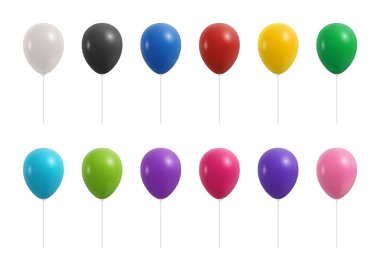 Vektör 3d Gerçekçi Renkli Balon Simgesi Seti, izole edildi. Parti için Kırmızı Mavi Sarı Pembe Balonlar, Doğum Günü Tasarımı, Kutlama, Gerçekçi Parlak Balonlar. Balon Clipart Elementleri, Olay İçin Simgeler.