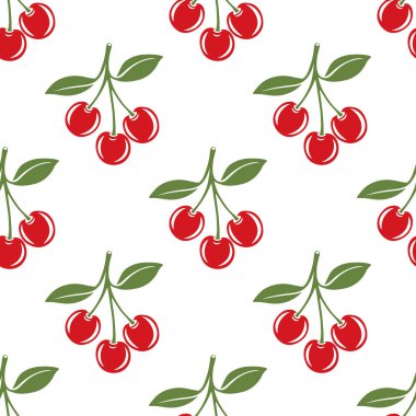 Kesik Kirazlı Vektör Kusursuz Desen. Tek, bir çift kiraz ve yapraklı kiraz kümesi, tekrarlanan yazdırma. Kiraz Sanatı, Tasarım Şablonu, Vektör İllüstrasyonu.