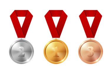 Altın Gümüş Bronz Madalya Seti Kırmızı Kurdeleli Gerçekçi Vektör Simgeleri Kazanan Ödülü, Başarı Rozeti, Ödül Töreni, Spor Yarışması Ödülü, Beyaz Sembolde İzole Edilmiş Şampiyon.