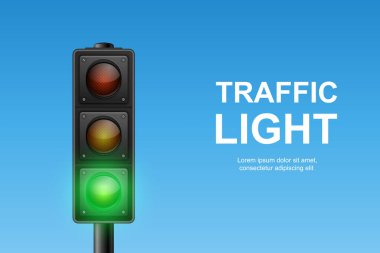 Mavi Gökyüzü Arkaplanında Yeşil Sinyalli Vektör Trafik Işığı. Ulaşım, Güvenlik, Sürüş, Yaya Geçidi, Şehir Caddesi ve Trafik Kontrol Tasarımı İçin Gerçekçi Yol Durağı.
