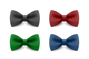 Papyon seti, vektör ilüstrasyonu. Erkekler için klasik aksesuar, resmi kıyafet, düğün stili, gerçekçi moda ikonları. İş ve Özel Durum Tasarımı İçin Renkli Boyunbağlar Koleksiyonu.