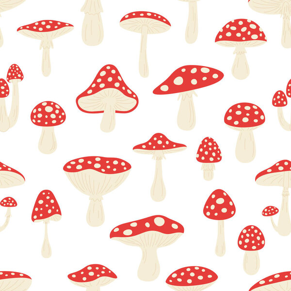 Mushroom Seamless Pattern, Red Amanita Background, Vector Illustration. Woodland Nature Decor, Forest Texture, Autumn Graphic Print, Fairy Tale Fabric, Organic Wallpaper, Magic Botanical Design.