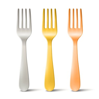 Vektör 3d Çatal Kümesi Beyaz 'da izole edildi. Gerçekçi Gümüş, Altın ve Bakır Çatal Simgesi. Metal çatal bıçak illüstrasyonu. Tablo gereçleri, Restoran, Kitchenware, Yemek takımı, Yemek Servisi Tasarım Şablonu.