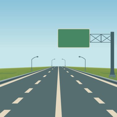 Otoyol Vektör Arkaplanı. Boş Otoyol Vector Illustration Yeşil Yol İşareti, Sokak Işıkları, Mavi Gökyüzü. Ulaşım, Seyahat, Seyahat, Seyahat, Poster, Sancak için Otoyol Vektörü.