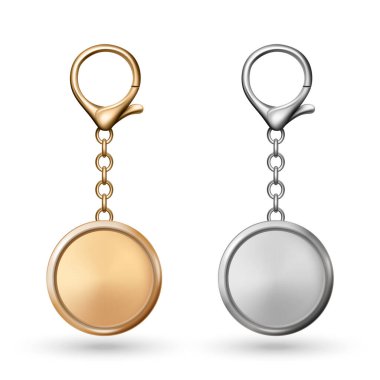 Vektör Altın ve Gümüş Anahtarlık Simgesi, izole edildi. Marka için Gerçekçi Yuvarlak Anahtarlık Tasarımı. Logo için boş anahtarlık modeli. Özel Aksesuar Tasarımı İçin Lüks Metalik Anahtarlık Şablonu.