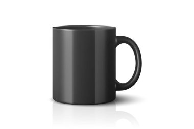 Vektör 3d Gerçekçi Siyah Kahve Kupa Simgesi. Boş Seramik Kupa Şablonu, Markalaşma için Drinkware İllüstrasyonu, Ticari Ürünler, Promosyon Ürünleri, Cafe Tasarım Mockup, Kitchenware Grafiği, Çay Kupası Sembolü.