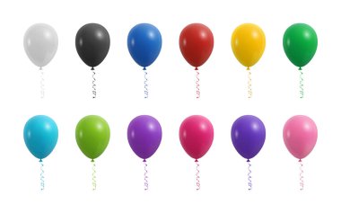 Vektör 3d Gerçekçi Renkli Balon Simgesi Seti, izole edildi. Parti için Kırmızı Mavi Sarı Pembe Balonlar, Doğum Günü Tasarımı, Kutlama, Gerçekçi Parlak Balonlar. Balon Clipart Elementleri, Olay İçin Simgeler.