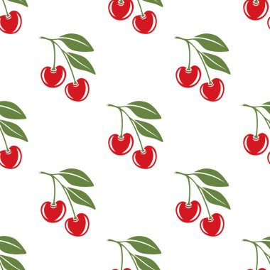 Kesik Kirazlı Vektör Kusursuz Desen. Tek, bir çift kiraz ve yapraklı kiraz kümesi, tekrarlanan yazdırma. Kiraz Sanatı, Tasarım Şablonu, Vektör İllüstrasyonu.