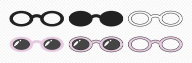 Vektör Gözlüğü Simgesi Ayarlandı. Keskin Siluet, Taslak Simge, Düz Renk Tasarımı, Çerçeve, Siyah Cam Styles. Gözlük, güneş gözlüğü, modern gözlük çerçevesi. Optik ve Moda Markaları için Tasarım Şablonu.