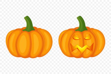 Oyma Yüzlü Vektör Karikatür Cadılar Bayramı Balkabağı Koleksiyonu. Düz Renkli Balkabağı Çıkartmaları Seti. Cadılar Bayramı, Sonbahar ve Hasat için Şablonlar Tasarım. Şirin ve Eğlenceli Basit Balkabağı Çizimleri.