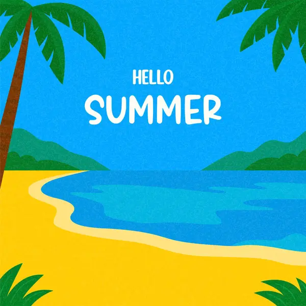Merhaba Yaz Vektörü İllüstrasyonu. Palm Trees, Ocean View ve Sandy Shore ile tropik plaj arka planı. Sunny Tatil Sancağı, Tatil Kutlama Kartı, Seyahat Posteri Tasarımı, Rahatlatıcı Sahne Sahnesi.