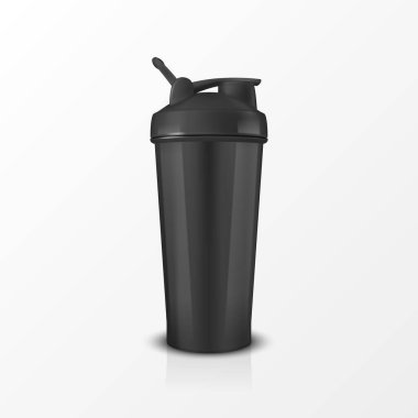 Vektör 3d Gerçekçi Kara Sarsıcı Şişe Mokup. Marka ve Özel Tasarım İçin Gerçekçi Protein Titreştirici Şişe. Ek, Fitness, Jimnastik, Logo, Yazdırma için Spor Sarsıcı Şişe Vektörü İllüstrasyonu.