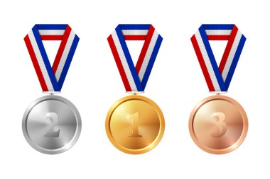 Altın Gümüş Bronz Madalya Seti Mavili, Beyaz ve Kırmızı Kurdeleli Gerçekçi Vektör Simgeleri Kazanan Ödülü, Başarı Rozeti, Ödül Töreni, Spor Yarışması Kupası, Beyaz Sembolde İzole Edilen Şampiyon.