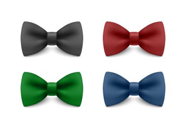 Vektör 3d Gerçekçi Fiyonk Kravat Simgesi Ayarlandı. Erkekler için klasik aksesuar, resmi kıyafet, düğün stili, gerçekçi moda ikonları. İş ve Özel Durum Tasarımı İçin Renkli Boyunbağlar Koleksiyonu.