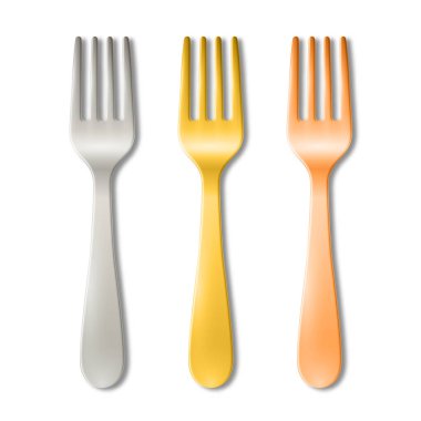 Vektör 3d Çatal Kümesi Beyaz 'da izole edildi. Gerçekçi Gümüş, Altın ve Bakır Çatal Simgesi. Metal çatal bıçak illüstrasyonu. Masa gereçleri, Restoran, mutfak gereçleri, yemek takımı. Üst Görünüm.