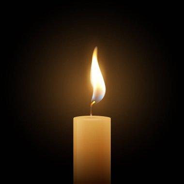 Karanlık Arkaplanda Gerçekçi Vektör Mum Alevi Clipart. Yumuşak Ilık Işıltılı ve Titrek Alevli Tek Balmumu Sütun Mumu Web, Yazdırma, Logo Tasarımı Şablonu.