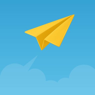 Gerçekçi Sarı Kağıt Uçak Mavi Gökyüzü Arkaplanında Uçuyor. Kavramsal Uçuş İllüstrasyonu. Vektör Sanatı. Yaratıcı Havacılık Tasarımı. Kağıt Düzlemli Gökyüzü Sahnesi. Vektör İllüstrasyonu.