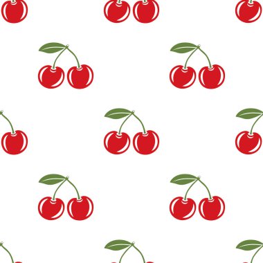 Kesik Kirazlı Vektör Kusursuz Desen. Tek, bir çift kiraz ve yapraklı kiraz kümesi, tekrarlanan yazdırma. Kiraz Sanatı, Tasarım Şablonu, Vektör İllüstrasyonu.