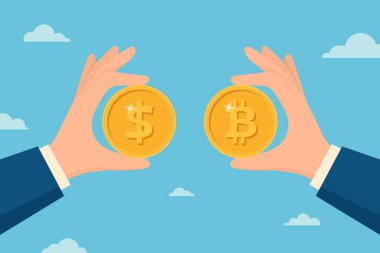 Bitcoin ve Dolar Vector Illustration. Bitcoin Para ve Dolar Bozukluğu Tutan Eller. Bitcoin Kripto Para Takası, Bitcoin Yatırım, Dijital Para, Finansal Konsept, Kripto Ticaret.