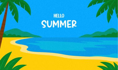 Merhaba Yaz Vektörü İllüstrasyonu. Tropik Plaj Yatay Arkaplan Palmiye Ağaçları, Okyanus Manzaralı. Sunny Tatil Sancağı, Tatil Kutlama Kartı, Seyahat Posteri Tasarımı, Rahatlatıcı Sahne Sahnesi.