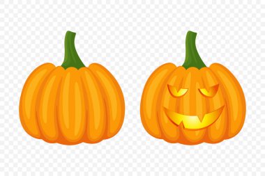 Oyma Yüzlü Vektör Karikatür Cadılar Bayramı Balkabağı Koleksiyonu. Düz Renkli Balkabağı Çıkartmaları Seti. Cadılar Bayramı, Sonbahar ve Hasat için Şablonlar Tasarım. Şirin ve Eğlenceli Basit Balkabağı Çizimleri.