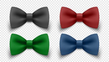 Vektör 3d Gerçekçi Fiyonk Kravat Simgesi Ayarlandı. Erkekler için klasik aksesuar, resmi kıyafet, düğün stili, gerçekçi moda ikonları. İş ve Özel Durum Tasarımı İçin Renkli Boyunbağlar Koleksiyonu.