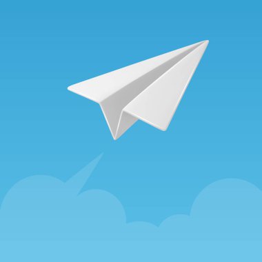 Mavi Gökyüzü Arkaplanında Uçan Gerçekçi Beyaz Kağıt Uçak. Kavramsal Uçuş İllüstrasyonu. Vektör Sanatı. Yaratıcı Havacılık Tasarımı. Kağıt Düzlemli Gökyüzü Sahnesi. Vektör İllüstrasyonu.