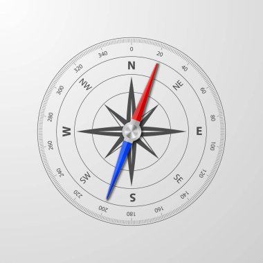 Yönlendirme için Vektör Pusula Gerçekçi Simgesi. Travel Compass Rose Illustration, Denizcilik Macera, Seyahat ve Turizm Tasarımı. Vintage Pusula Harita Elemanı, Yönsel Sembol.