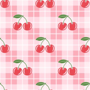 Kesik Kirazlı Vektör Kusursuz Desen. Tek, bir çift kiraz ve yapraklı kiraz kümesi, tekrarlanan yazdırma. Kiraz Sanatı, Tasarım Şablonu, Vektör İllüstrasyonu.