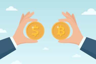 Bitcoin ve Dolar Vector Illustration. Bitcoin Para ve Dolar Bozukluğu Tutan Eller. Bitcoin Kripto Para Takası, Bitcoin Yatırım, Dijital Para, Finansal Konsept, Kripto Ticaret.