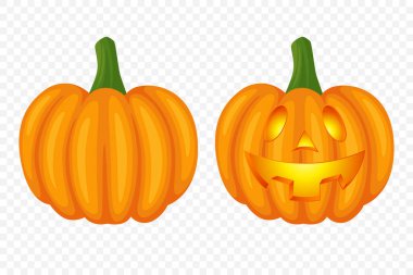 Oyma Yüzlü Vektör Cadılar Bayramı Balkabağı Koleksiyonu. Düz Renkli Balkabağı Çıkartmaları Seti. Cadılar Bayramı, Sonbahar ve Hasat için Şablonlar Tasarım. Şirin ve Eğlenceli Basit Balkabağı Çizimleri.