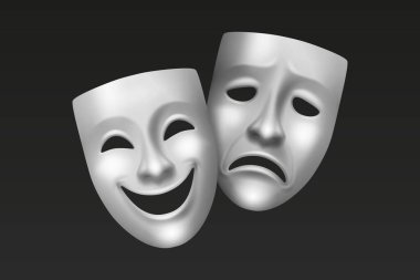 Vector 3d Tiyatro Klasik Yunan ve Roma tarzında Komedi ve Trajedi Maskeleri. Geleneksel Tiyatro ve Tiyatro Gösterileri Maskeleri. Tiyatro Kültür, Festival, Gösteri Sanatları Sembolü.