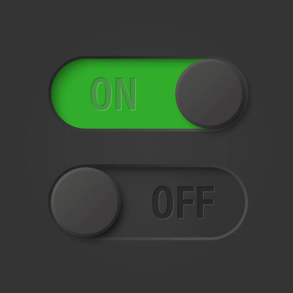 Vector Black Toggle Switch Set on Black Background. Realistic Toggle Switch. On Off Button, Modern Toggle Switch for User Interface, App, Web, Settings, Technology. UI Element, Control Panel.