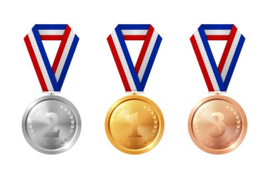 Altın, Gümüş, Bronz Madalya Seti Mavi, Beyaz ve Kırmızı Kurdeleli Gerçekçi Vektör Simgeleri. Kazanan Ödülü, Başarı Rozeti, Ödül Töreni, Spor Yarışması Ödülü, Beyazlar Üzerinde Şampiyon Sembolü İzole Edildi.