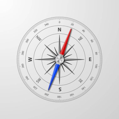 Yönlendirme için Vektör Pusula Gerçekçi Simgesi. Travel Compass Rose Illustration, Denizcilik Macera, Seyahat ve Turizm Tasarımı. Vintage Pusula Harita Elemanı, Yönsel Sembol.