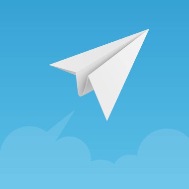 Mavi Gökyüzü Arkaplanında Uçan Gerçekçi Beyaz Kağıt Uçak. Kavramsal Uçuş İllüstrasyonu. Vektör Sanatı. Yaratıcı Havacılık Tasarımı. Kağıt Düzlemli Gökyüzü Sahnesi. Vektör İllüstrasyonu.