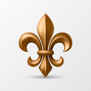 Vektör 3d Gerçekçi Fleur de Lis Illustration. Altın Fleur de Lis Icon. Gerçekçi Fleur de Lis Sembolü Heraldry, Kraliyet Amblemi, Ortaçağ Tasarımı. Fleur de Lis Logosu, Klasik Fransız Süslemesi.