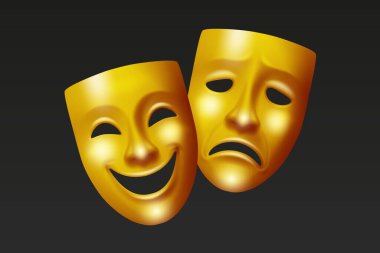 Klasik Yunan ve Roma tarzında Komedi ve Trajedi İçin Vector 3d Altın Tiyatro Maskeleri. Tiyatro ve Tiyatro Gösterileri Maskeleri. Tiyatro Kültür, Festival, Gösteri Sanatları Sembolü.