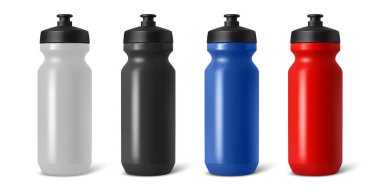 Vektör 3d Gerçekçi Boş Spor Şişesi Seti. Plastik Bisiklet Şişe, Spor Salonu, Spor Şişe, Açık Hava, Seyahat, Spor, Egzersiz, Spor. Spor Şişesi İzole Edildi.