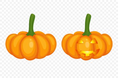 Oyma Yüzlü Vektör Cadılar Bayramı Balkabağı Koleksiyonu. Düz Renkli Balkabağı Çıkartmaları Seti. Cadılar Bayramı, Sonbahar ve Hasat için Şablonlar Tasarım. Şirin ve Eğlenceli Basit Balkabağı Çizimleri.