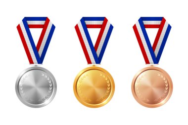 Altın, Gümüş, Bronz Madalya Seti Mavi, Beyaz ve Kırmızı Kurdeleli Gerçekçi Vektör Simgeleri. Kazanan Ödülü, Başarı Rozeti, Ödül Töreni, Spor Yarışması Ödülü, Beyazlar Üzerinde Şampiyon Sembolü İzole Edildi.