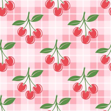 Kesik Kirazlı Vektör Kusursuz Desen. Tek, bir çift kiraz ve yapraklı kiraz kümesi, tekrarlanan yazdırma. Kiraz Sanatı, Tasarım Şablonu, Vektör İllüstrasyonu.