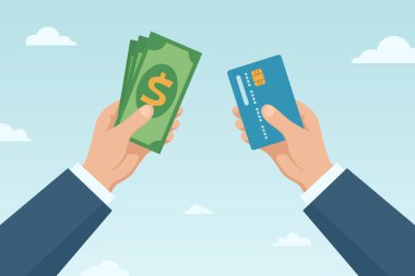 Nakit ve Kredi Kartı, Yassı Vektör İllüstrasyonu. Mavi Arkaplanda El Tutma Nakiti ve Banka Kartı. Alışveriş için Finansal Konsept, Çevrimiçi Ödeme, Nakit Ödeme, Kart Ödeme, Para Transferi, Bankacılık.