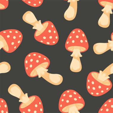 Amanita Mantar Vektörü Kusursuz Şablon. Siyah Arkaplanda Kırmızı Amanita Mantarı çizgi filmi. Orman Arkaplanı. Zehirli Mantar Kumaşı. Amanita Doğa Dekorasyonu, Woodland Yazdırma Tasarımı.