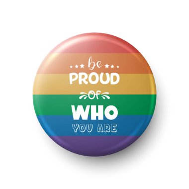 Vektör 3d Gerçekçi Gökkuşağı Onur Rozeti, izole edildi. Kim olduğunla gurur duy. LGBTQ + Pin Butonu, izole edildi. Renkli Eşitlik Sembolü, LGBT Toplum Desteği. Parade Aksesuar, Özel Tasarım.