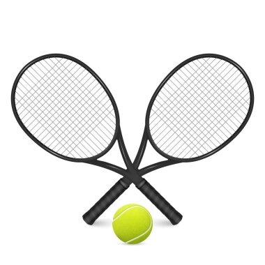 Vektör 3d Siyah Tenis Raketleri ve Top Set. Gerçekçi Tenis Raketi Resimleri, Profesyonel Tenis Topu Simgesi, Spor Malzemeleri Tasarım Şablonları. Topla Tenis Raketleri, İdman Aletleri.